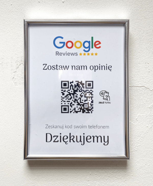 Ramka NFC z kodem QR Szablon #1 - Opinia - Srebrna A5 15x20 cm Wisząca