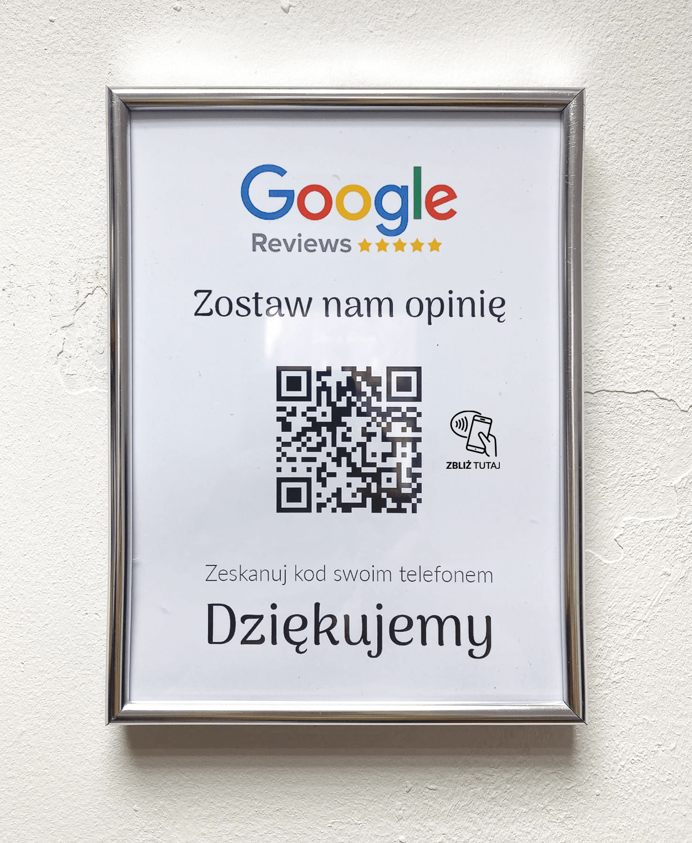 Ramka NFC z kodem QR Szablon #1 - Opinia - Srebrna A5 15x20 cm Wisząca