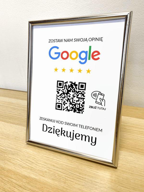 Ramka NFC z kodem QR Szablon #4 - Opinia - Srebrna A5 15x20 cm Stojąca
