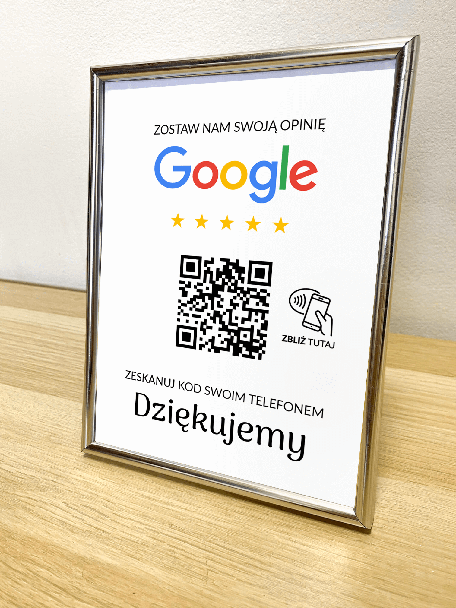 Ramka NFC z kodem QR Szablon #4 - Opinia - Srebrna A5 15x20 cm Stojąca