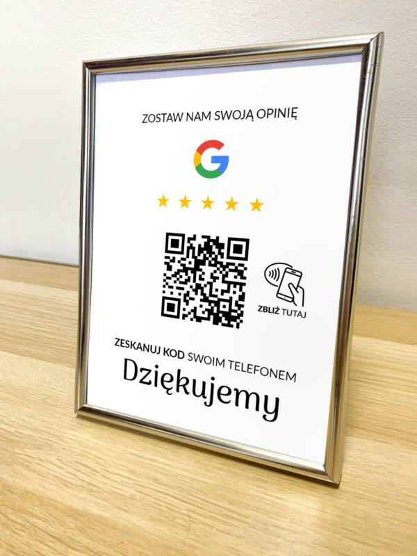 Ramka NFC z kodem QR Szablon #5 - Opinia - Srebrna A5 15x20 cm Stojąca
