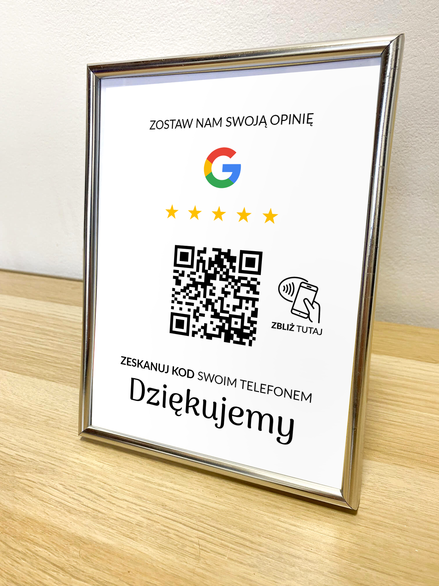 Ramka NFC z kodem QR Szablon #5 - Opinia - Srebrna A5 15x20 cm Stojąca