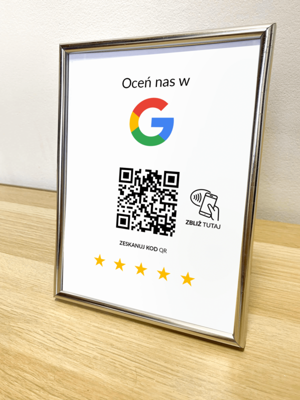 Ramka NFC z kodem QR Szablon #6 - Opinia - Srebrna A5 15x20 cm Stojąca