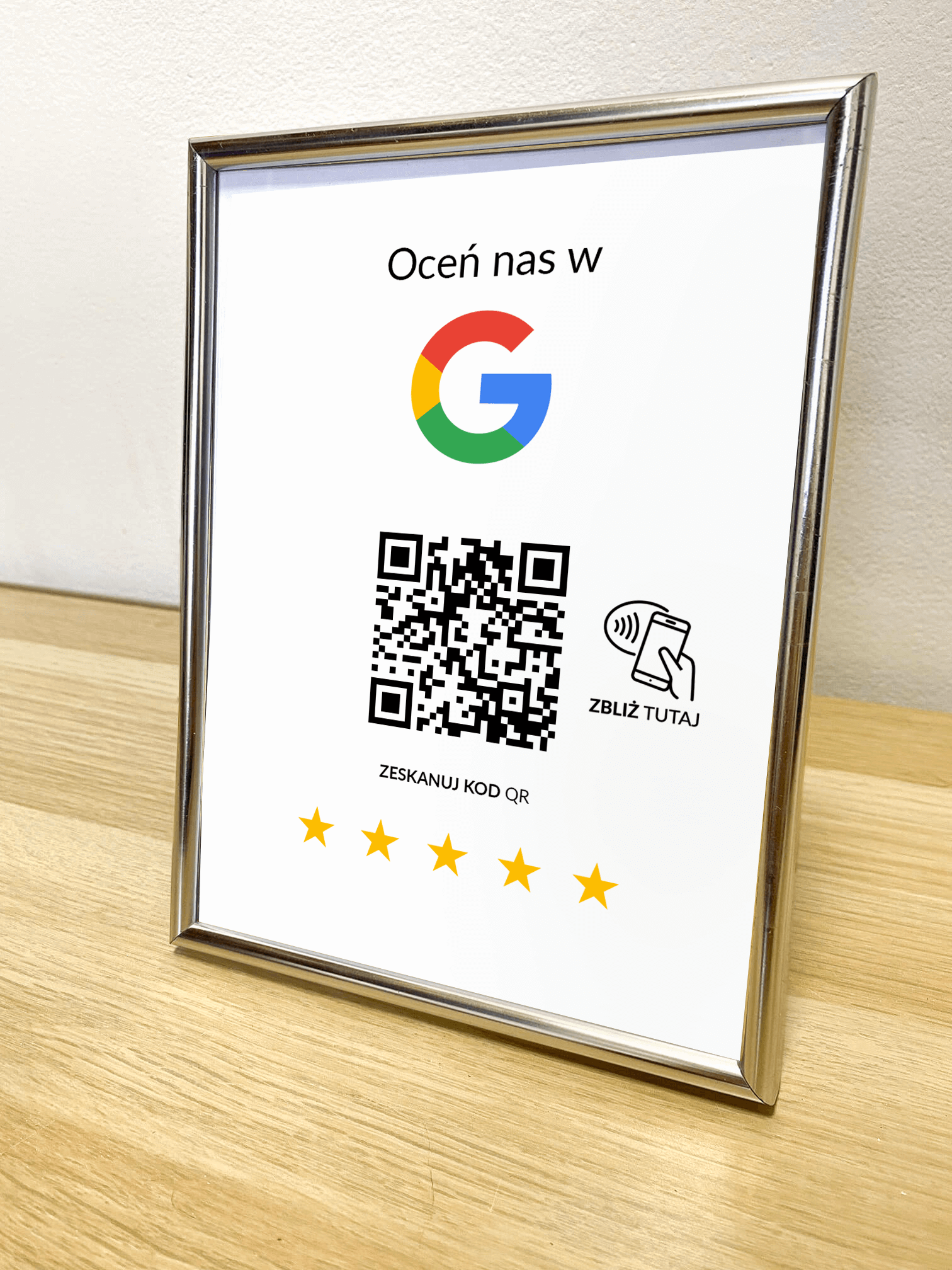 Ramka NFC z kodem QR Szablon #6 - Opinia - Srebrna A5 15x20 cm Stojąca