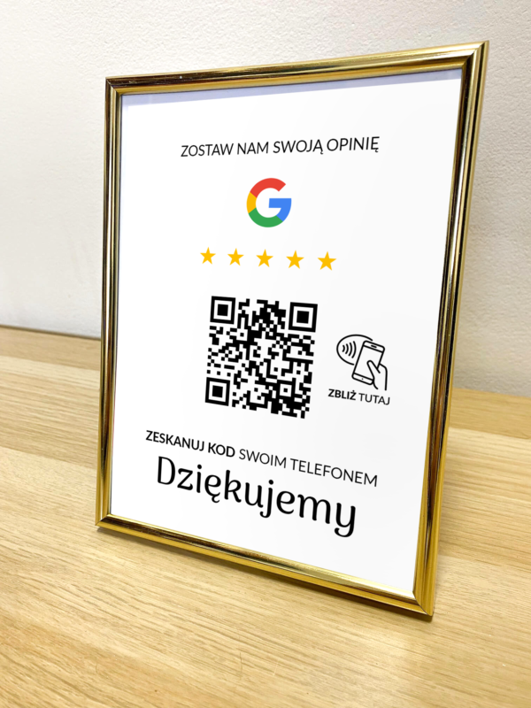 Ramka NFC z kodem QR Szablon #5 - Opinia - Złota A5 15x20 cm Stojąca