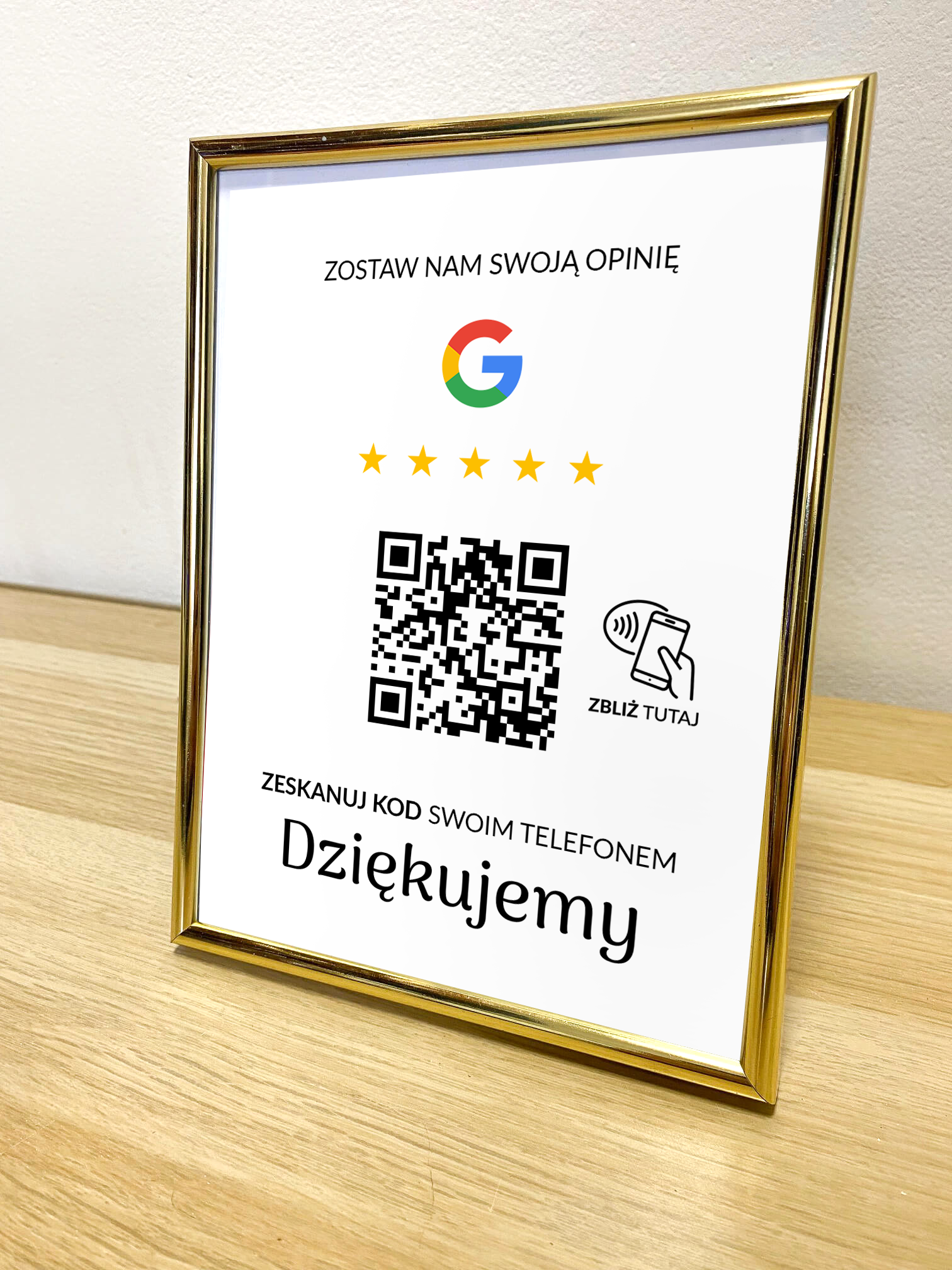 Ramka NFC z kodem QR Szablon #5 - Opinia - Złota A5 15x20 cm Stojąca