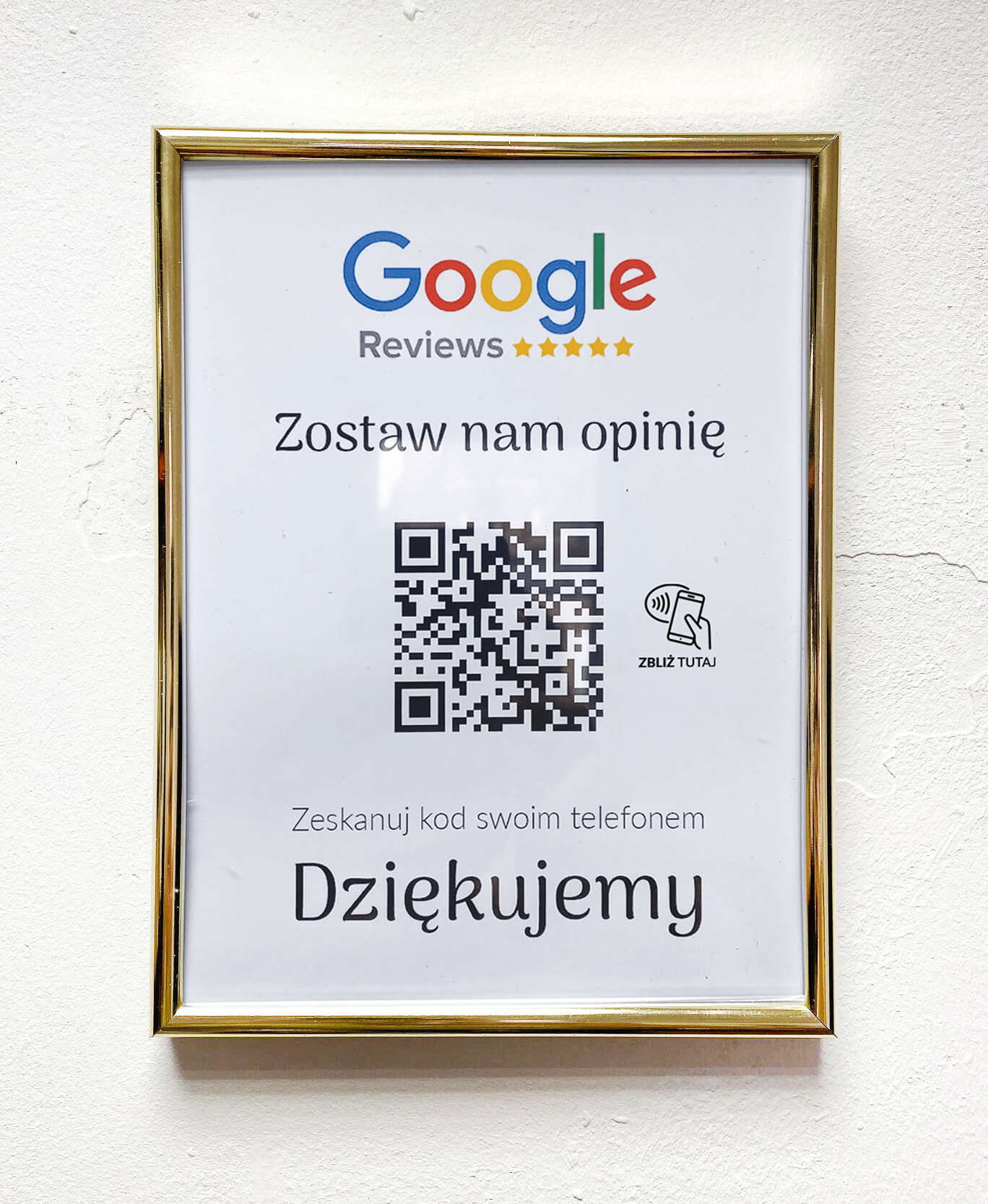 Ramka NFC z kodem QR Szablon #1 - Opinia - Złota A5 15x20 cm Wisząca