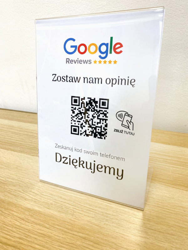 Ramka NFC z kodem QR Szablon #1 - Opinia - STAND A5 15x20 cm Pochylona PLEXA