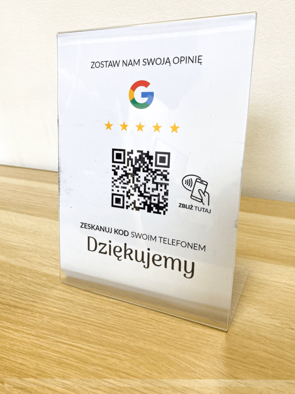 Ramka NFC z kodem QR Szablon #5 - Opinia - STAND A5 15x20 cm Pochylona PLEXA
