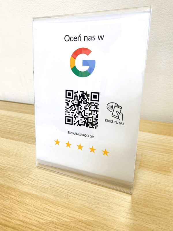 Ramka NFC z kodem QR Szablon #6 - Opinia - STAND A5 15x20 cm Pochylona PLEXA