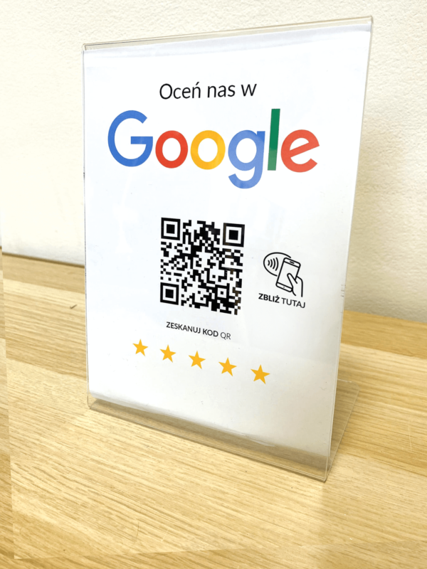 Ramka NFC z kodem QR Szablon #7 - Opinia - STAND A5 15x20 cm Pochylona PLEXA