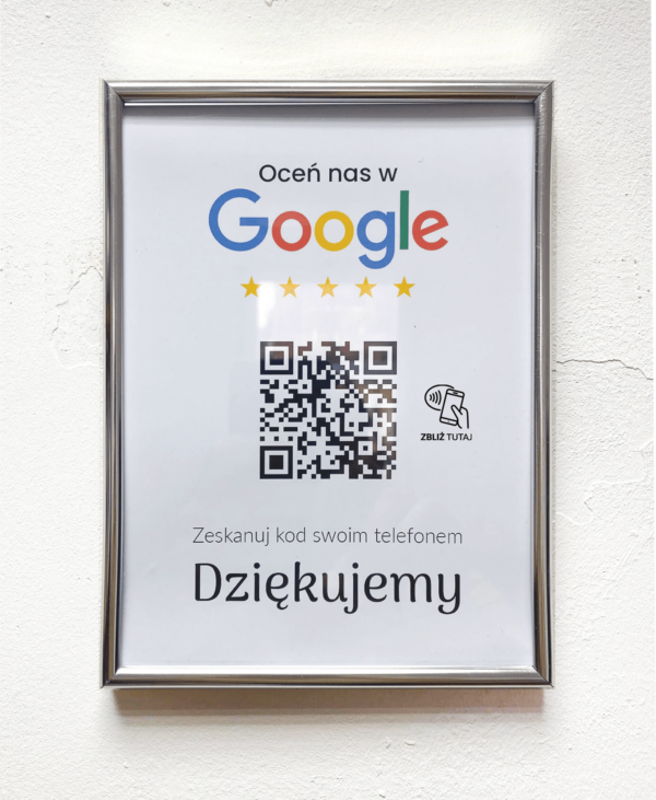 Ramka NFC z kodem QR Szablon #2 - Opinia - Srebrna A5 15x20 cm Wisząca