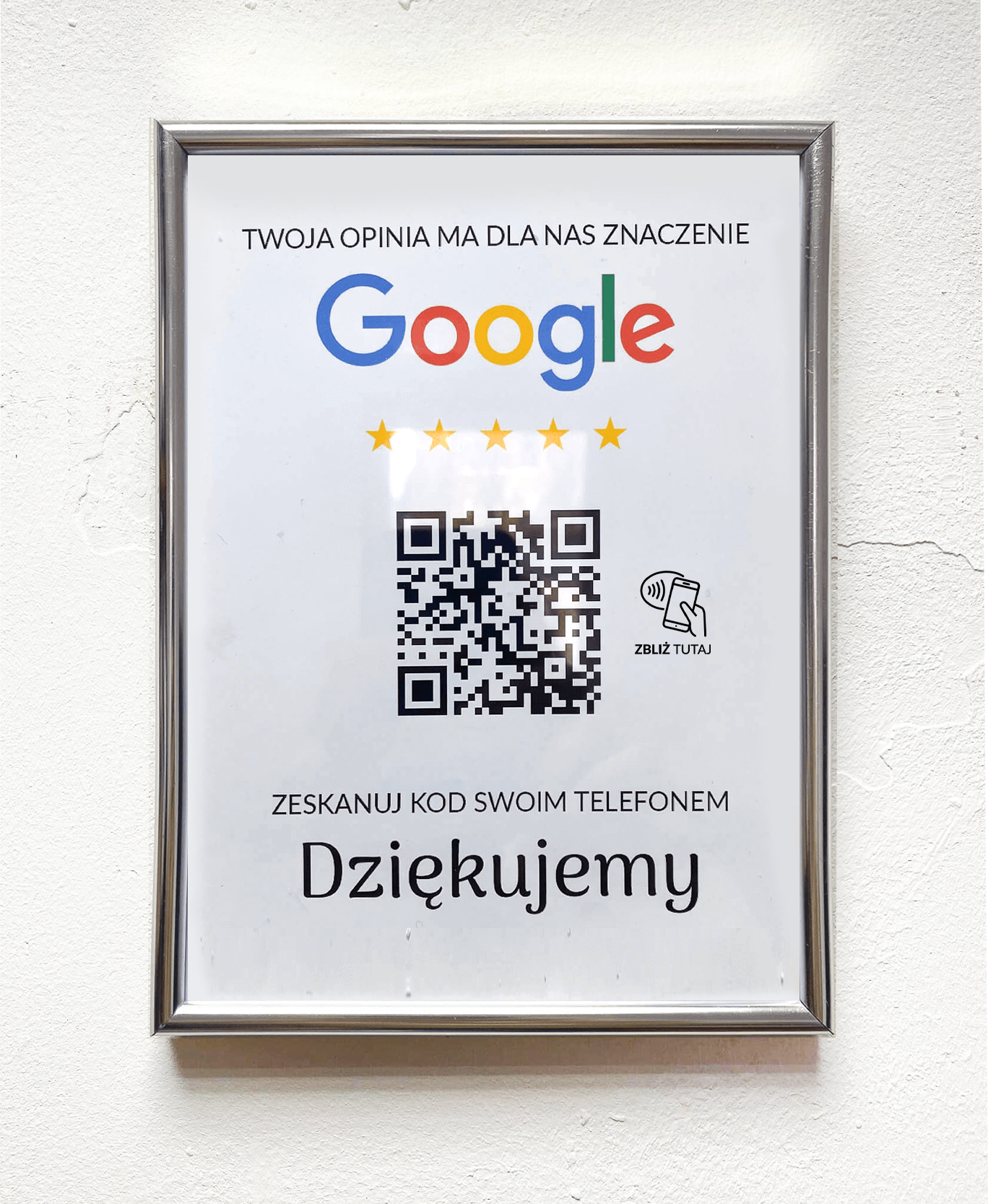 Ramka NFC z kodem QR Szablon #3 - Opinia - Srebrna A5 15x20 cm Wisząca