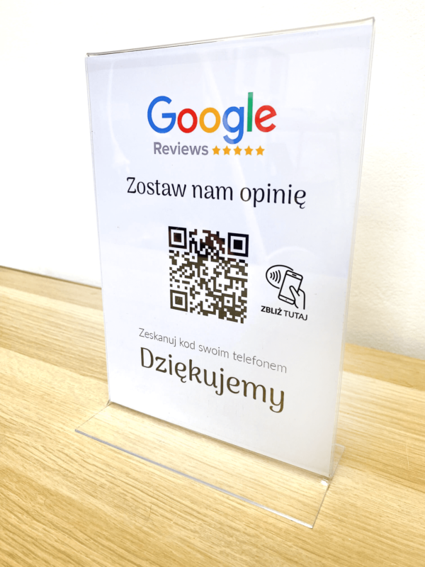 Ramka NFC z kodem QR Szablon #1 - Opinia - STAND A5 15x20 cm Pionowa PLEXA