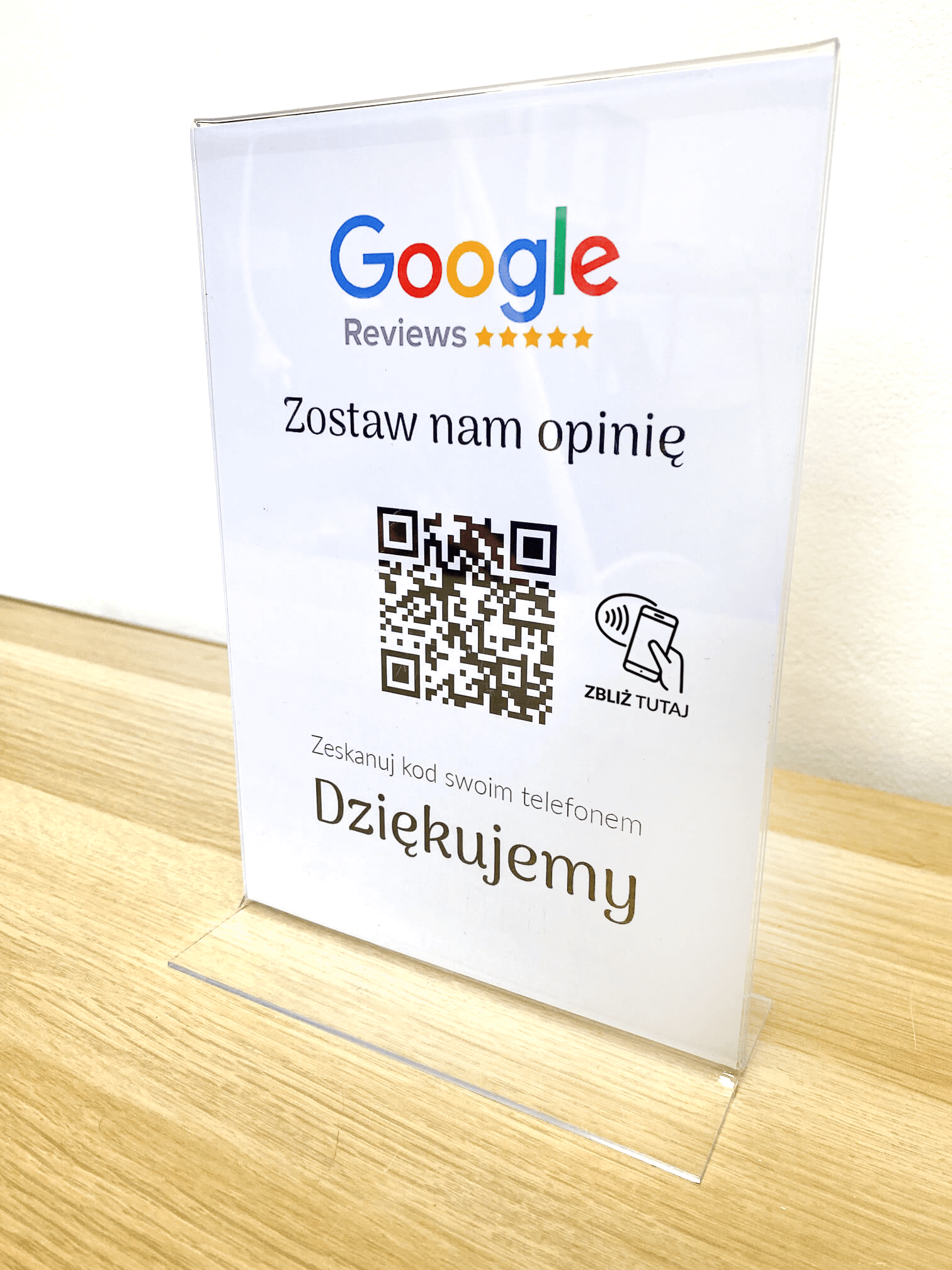 Ramka NFC z kodem QR Szablon #1 - Opinia - STAND A5 15x20 cm Pionowa PLEXA