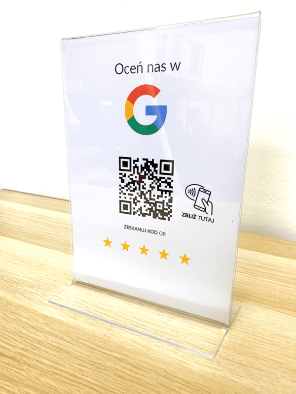 Ramka NFC z kodem QR Szablon #7 - Opinia - STAND A5 15x20 cm Pionowa PLEXA