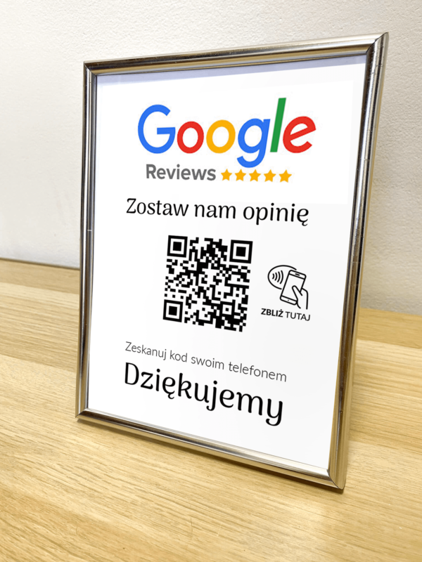 Ramka NFC z kodem QR Szablon #1 - Opinia - Srebrna A5 15x20 cm Stojąca