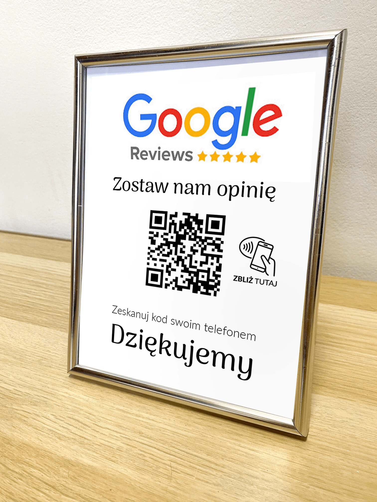Ramka NFC z kodem QR Szablon #1 - Opinia - Srebrna A5 15x20 cm Stojąca