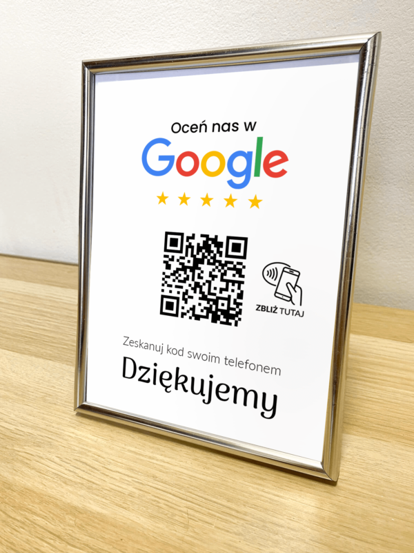 Ramka NFC z kodem QR Szablon #2 - Opinia - Srebrna A5 15x20 cm Stojąca