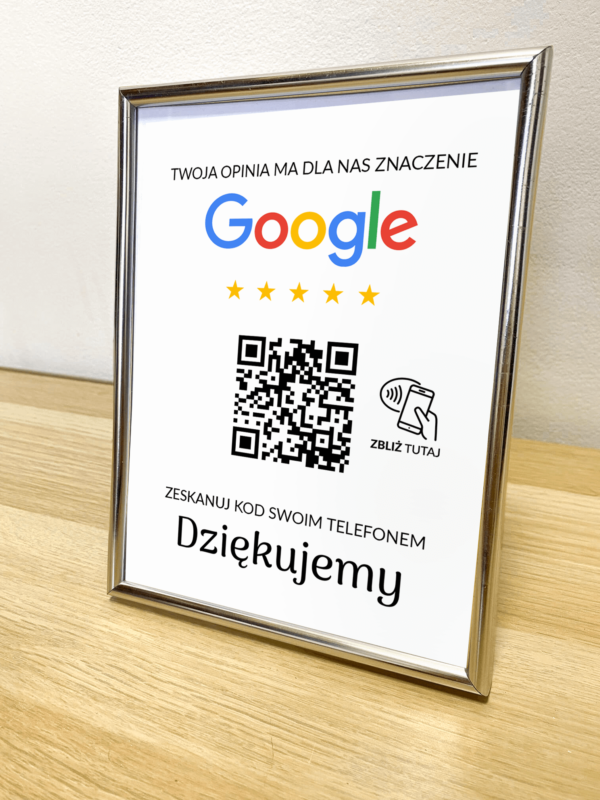 Ramka NFC z kodem QR Szablon #3 - Opinia - Srebrna A5 15x20 cm Stojąca