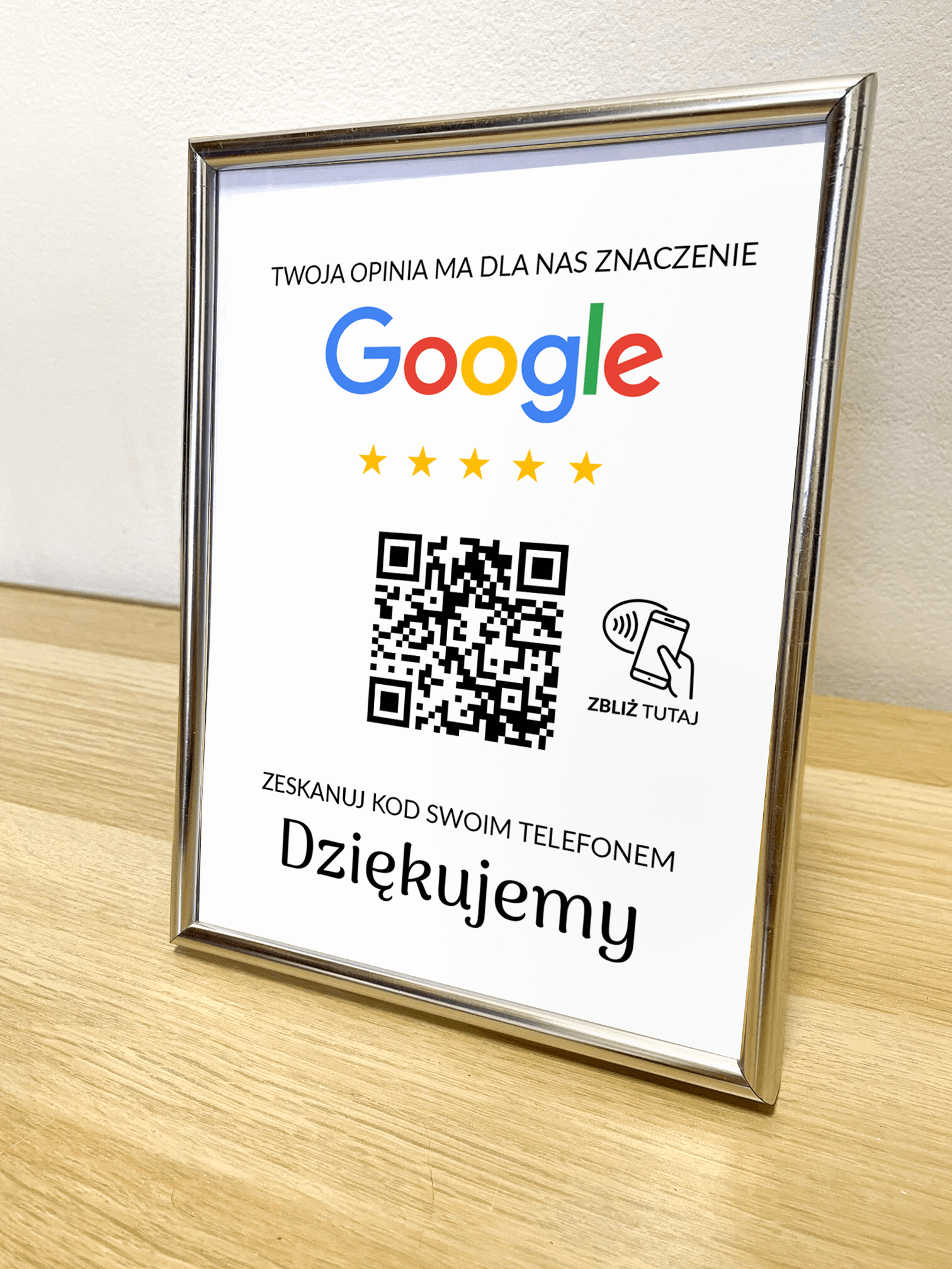 Ramka NFC z kodem QR Szablon #3 - Opinia - Srebrna A5 15x20 cm Stojąca