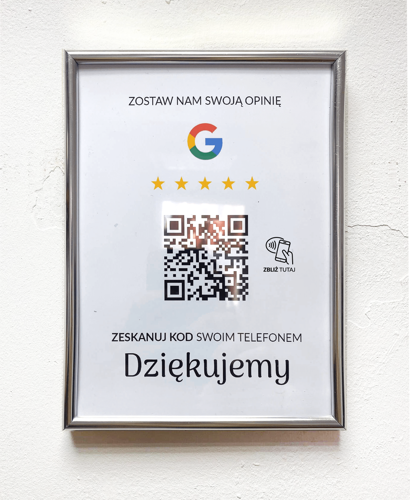 Ramka NFC z kodem QR Szablon #5 - Opinia - Srebrna A5 15x20 cm Wisząca