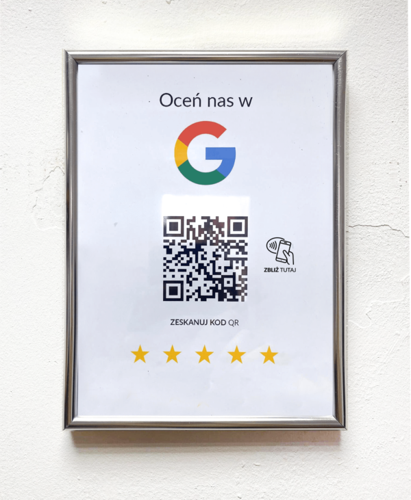 Ramka NFC z kodem QR Szablon #6 - Opinia - Srebrna A5 15x20 cm Wisząca