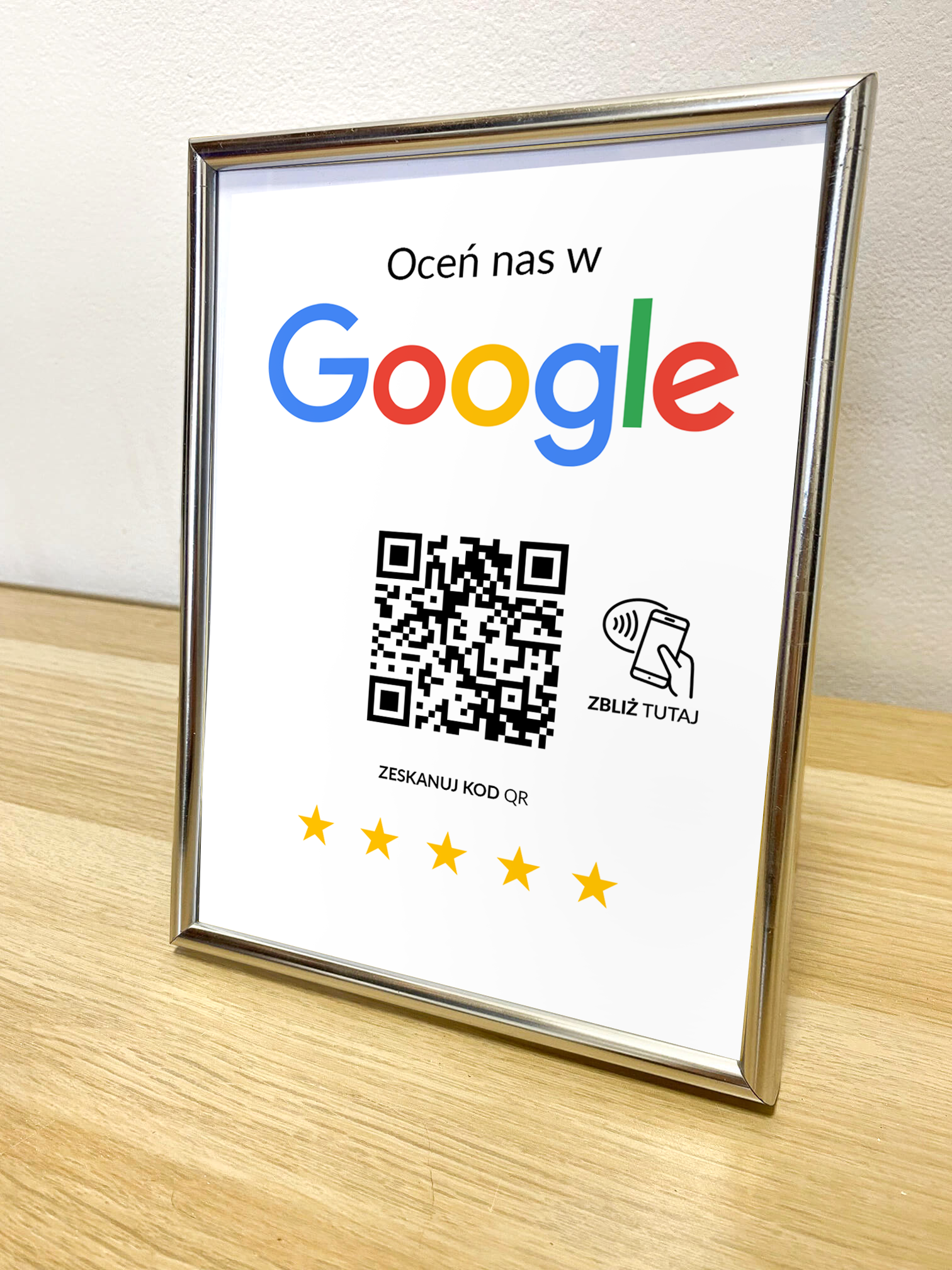 Ramka NFC z kodem QR Szablon #7 - Opinia - Srebrna A5 15x20 cm Stojąca
