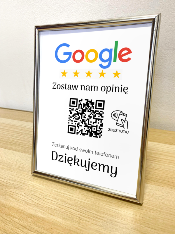 Ramka NFC z kodem QR Szablon #8 - Opinia - Srebrna A5 15x20 cm Stojąca