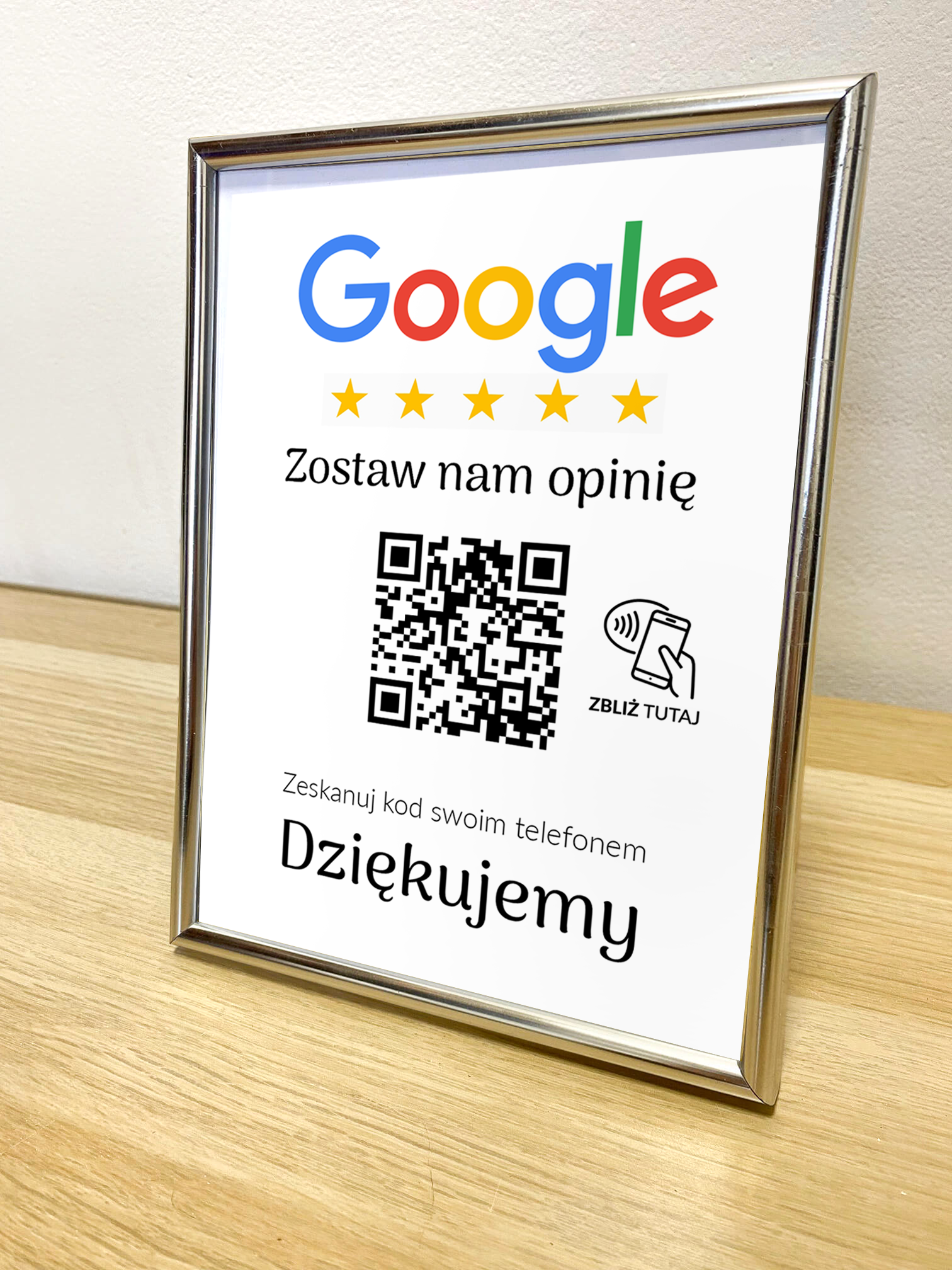 Ramka NFC z kodem QR Szablon #8 - Opinia - Srebrna A5 15x20 cm Stojąca