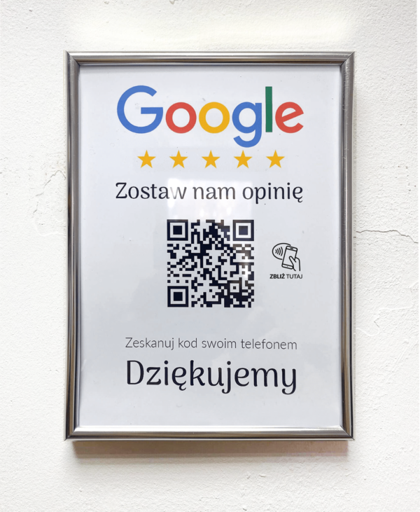 Ramka NFC z kodem QR Szablon #8 - Opinia - Srebrna A5 15x20 cm Wisząca