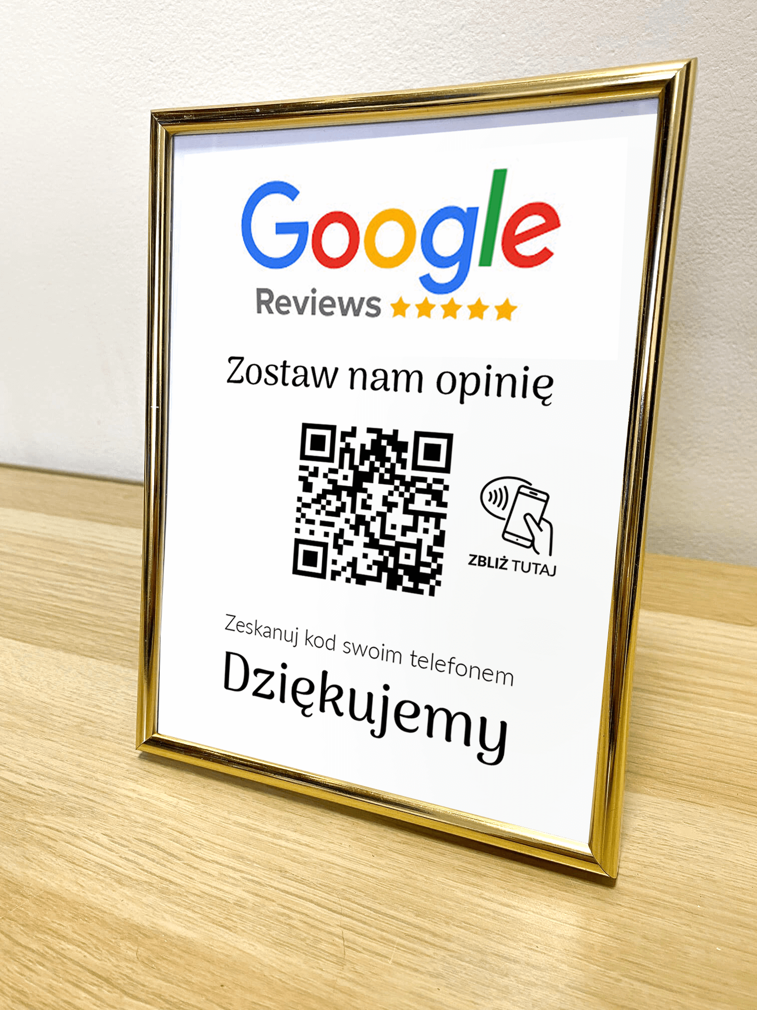 Ramka NFC z kodem QR Szablon #1 - Opinia - Złota A5 15x20 cm Stojąca