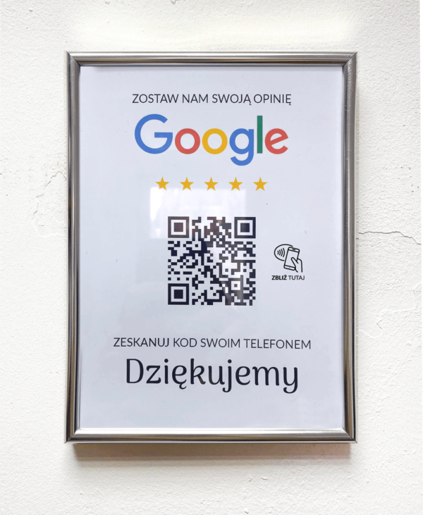 Ramka NFC z kodem QR Szablon #4 - Opinia - Srebrna A5 15x20 cm Wisząca
